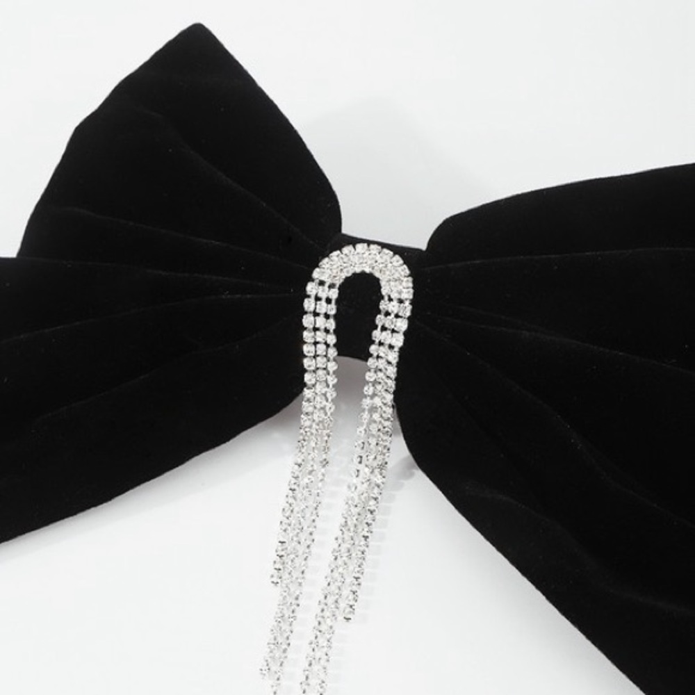Black Velvet Crystal Tassel Hair Clip Bow (8000) - Picture 3 of 6